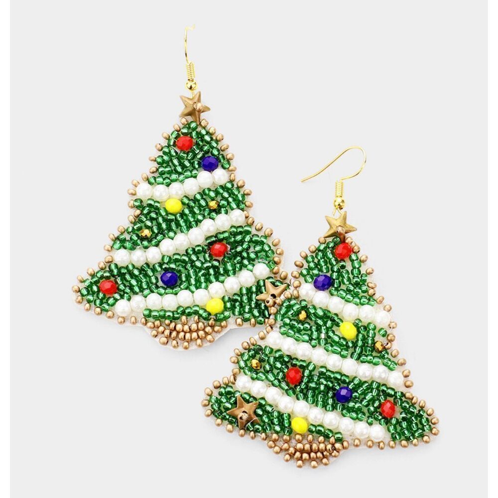 New Womens Holiday Felt Back Pearl Seed Christmas Tree Earrings
